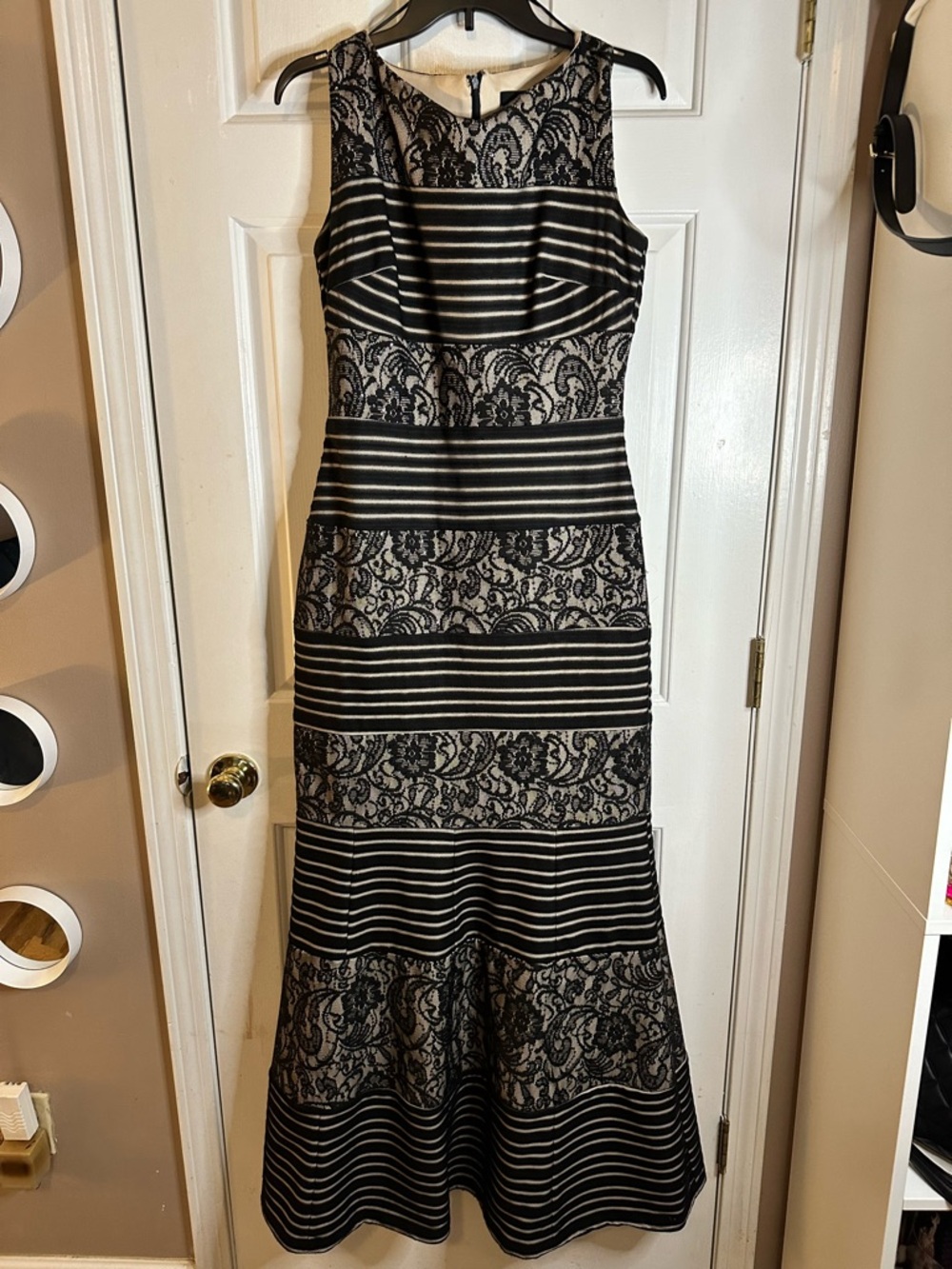 Signature by Sangria Black Lace & Ivory Striped Maxi Dress